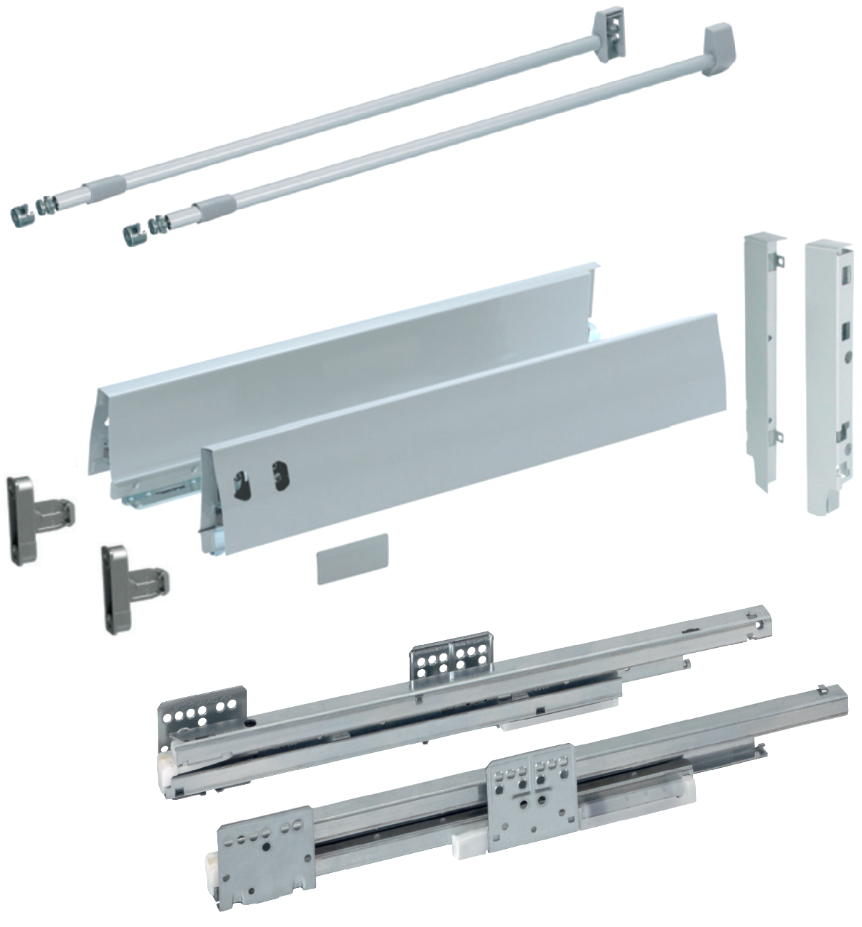 GRASS drawer full extension with round railing, dampened, synchronized, 40 kg, height 95 mm + railing, DWD-XP Dynamic XP