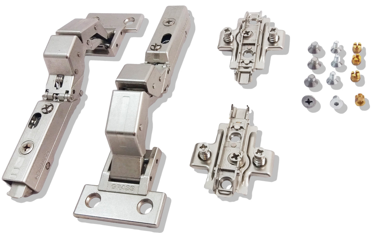 GRASS Tiomos M0 hinge without cup hole! Without damping. Set: 2 hinges, 2 cross mounting plates, and 4 x 3 screws