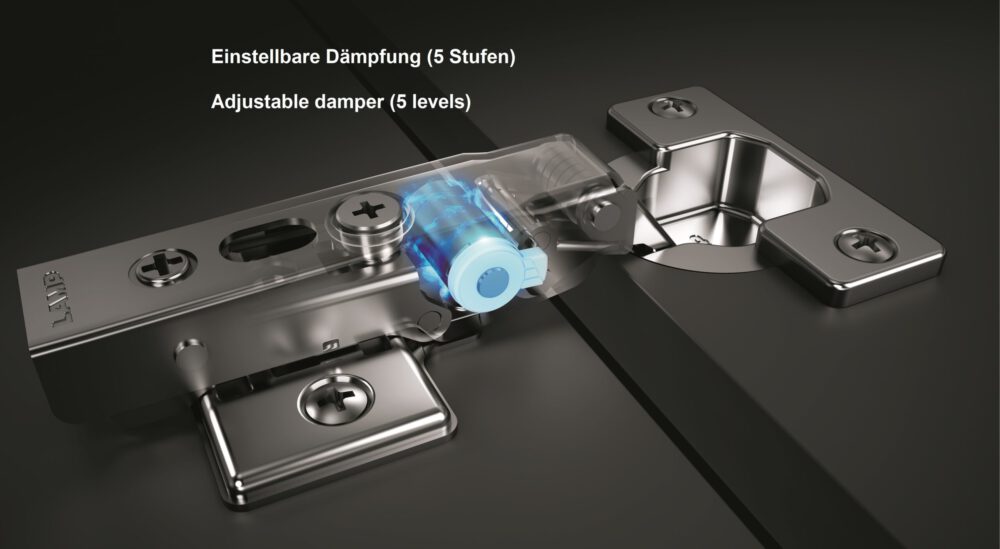 2 dampened furniture hinges with adjustable damper including mounting plates. Cup hinge, furniture hinge from LAMP® / Japan
