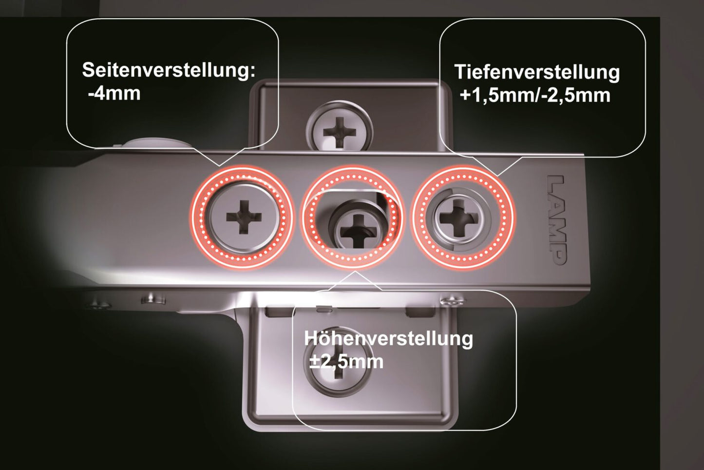 2 dampened furniture hinges with adjustable damper including mounting plates. Cup hinge, furniture hinge from LAMP® / Japan