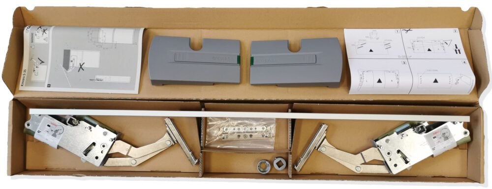 Ferrure de volet pivotant GRASS Hetal Kinvaro S-35 avec support d'ouverture et amortisseur de fermeture réglable. Raccord à rabat avec capuchons gris