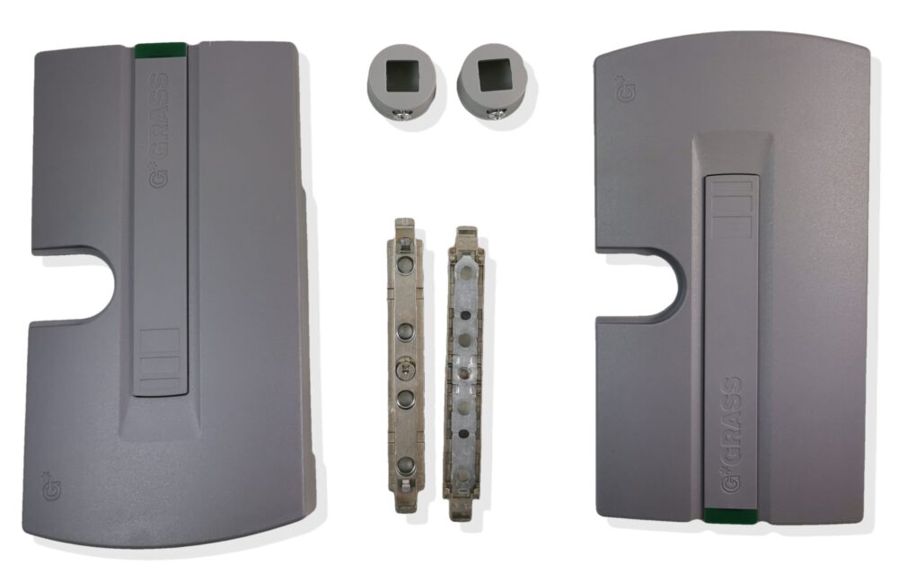 Ferrure de volet pivotant GRASS Hetal Kinvaro S-35 avec support d'ouverture et amortisseur de fermeture réglable. Raccord à rabat avec capuchons gris