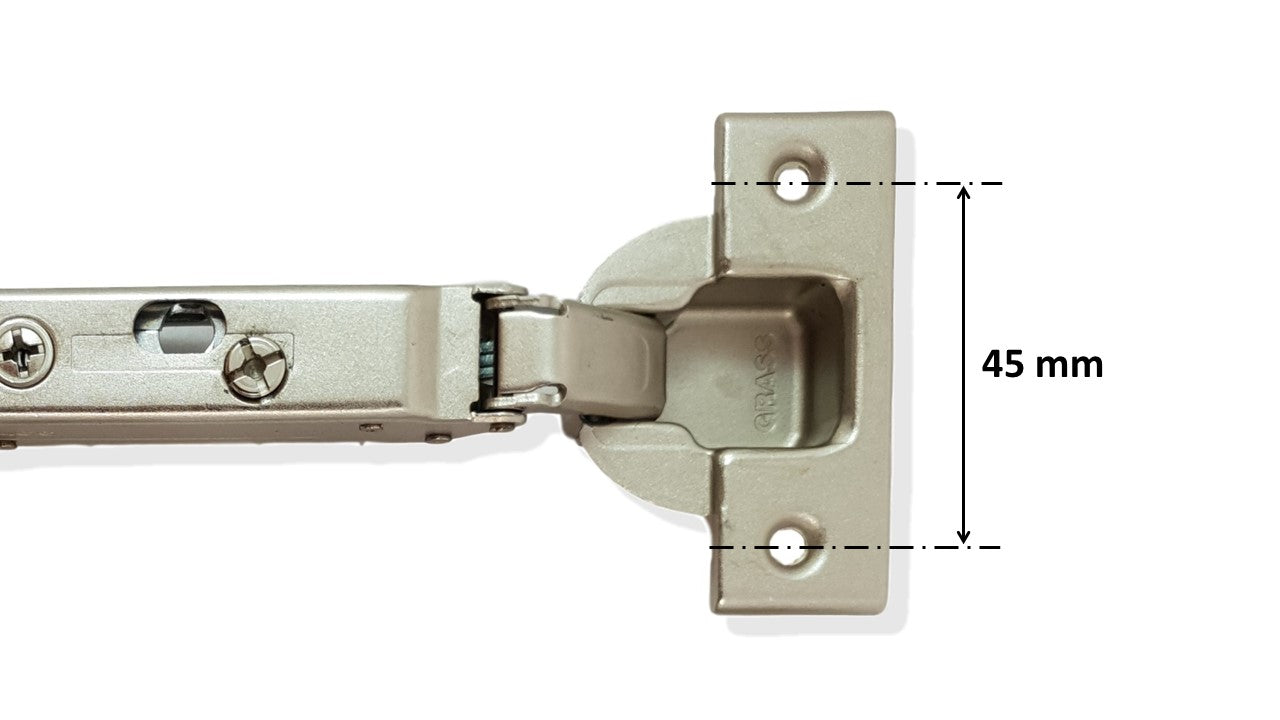 GRASS Tiomos 110° soft-close furniture hinge (4 drilling patterns to choose from), including straight mounting plate. Concealed hinge, hinge: 6065 G, 6064 B, 6067 S, 6066 H