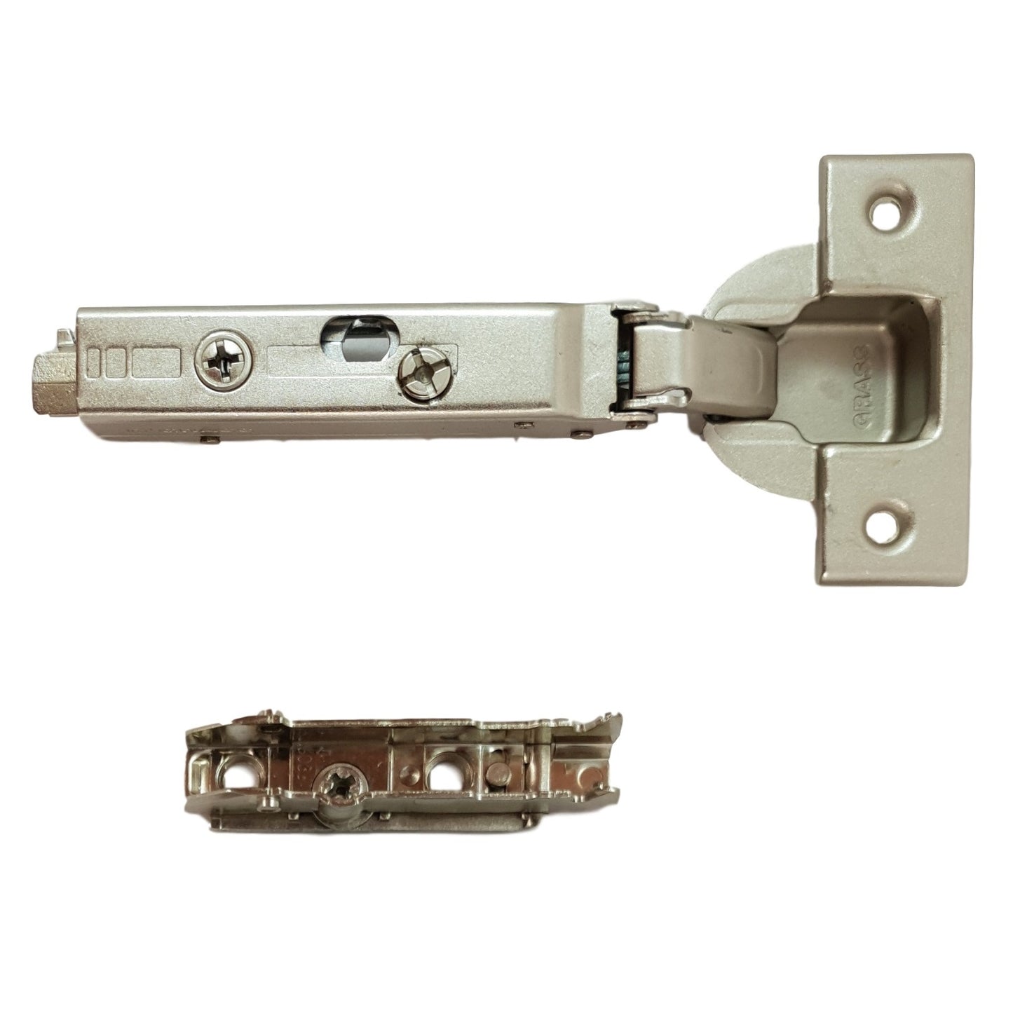 GRASS Tiomos 110° soft-close furniture hinge (4 drilling patterns to choose from), including straight mounting plate. Concealed hinge, hinge: 6065 G, 6064 B, 6067 S, 6066 H