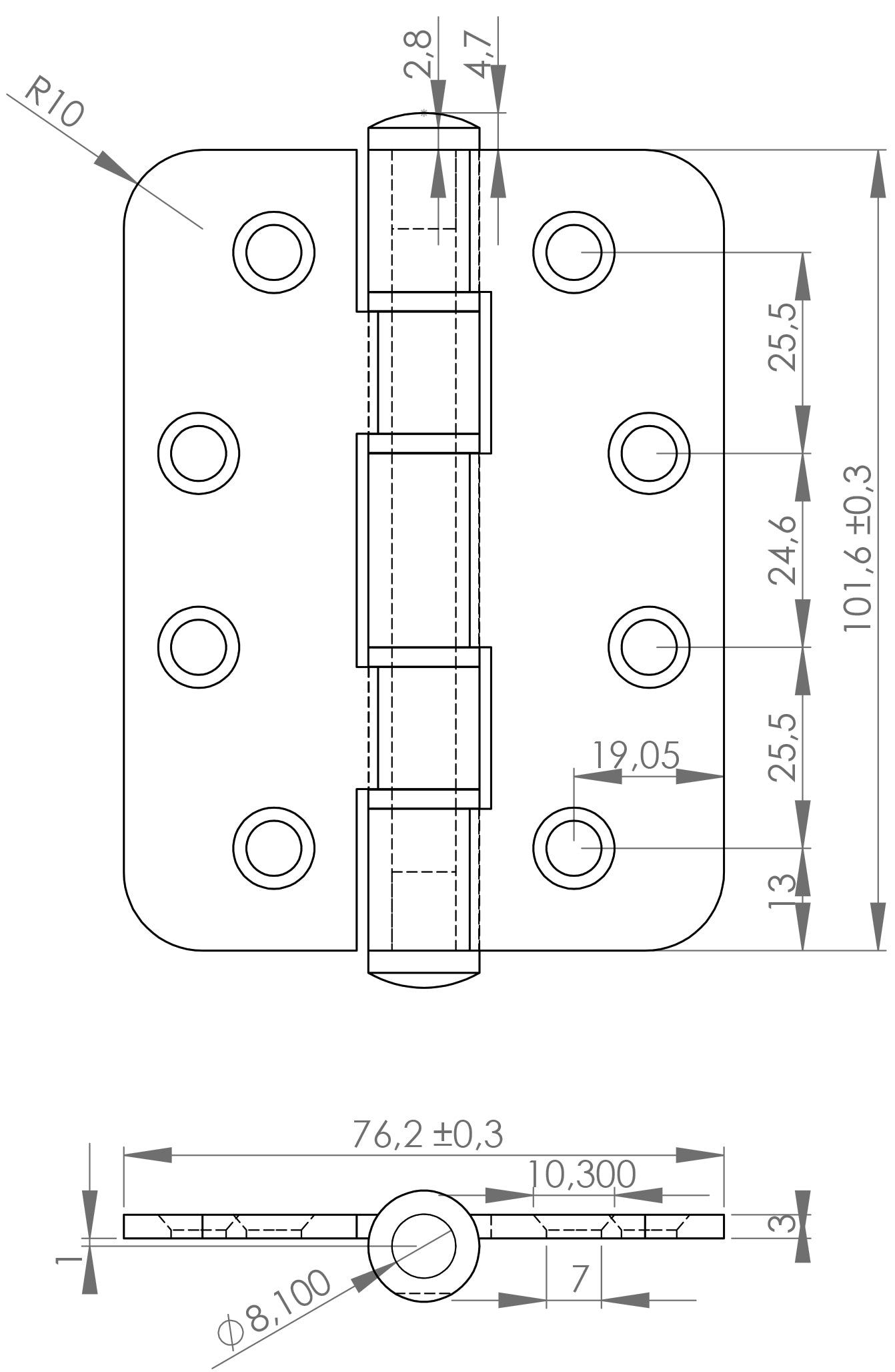 2 charnières de porte SISO / UMAXO® de haute qualité en acier inoxydable massif 102 mm, avec coins arrondis, vis comprises. Charnière de porte pour portes lourdes. Charnière en acier inoxydable SUS304 (V2A), épaisseur du matériau 3 mm