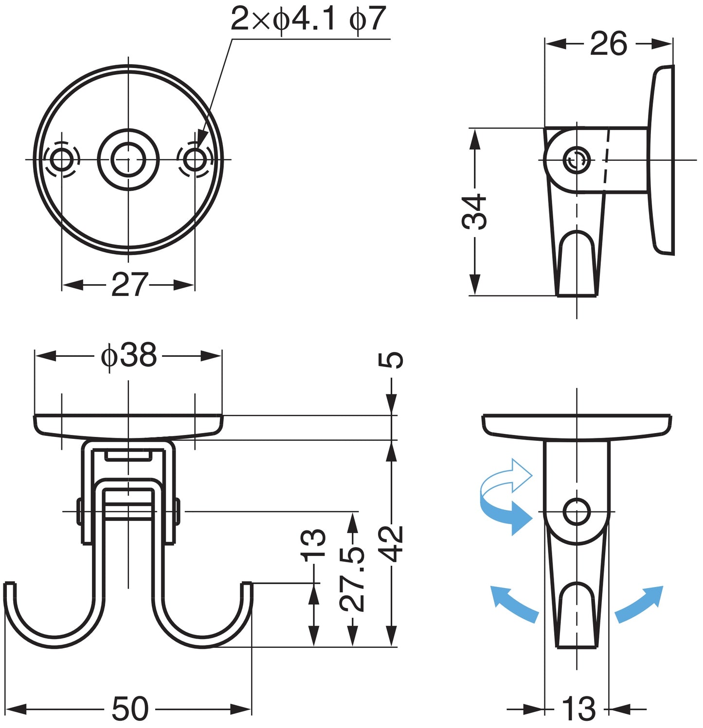 Hochwertiger drehbarer und schwenkbarer Haken aus Edelstahl V2A für Wand- und Deckenmontage. Edelstahlhaken RF-U50 von Sugatsune / LAMP® (Japan)