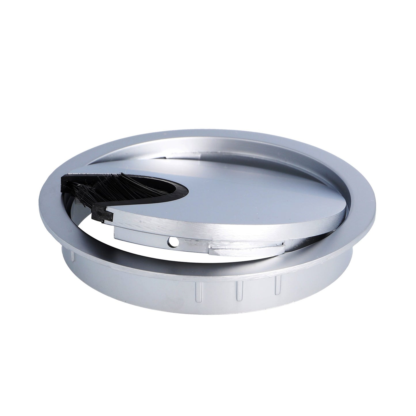 Goulotte de câbles solide de haute qualité en Zamak, Ø80 mm pour bureau avec joint à brosse, surface : aspect aluminium. Gestion des câbles de table, sortie de câbles de SISO / Danemark