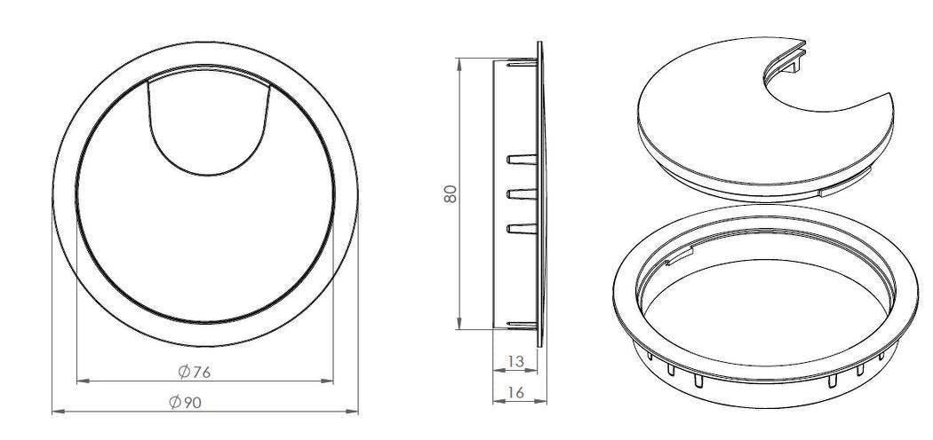 Goulotte de câbles solide de haute qualité en Zamak, Ø80 mm pour bureau avec joint à brosse, surface : aspect acier inoxydable. Gestion des câbles de table, sortie de câbles de SISO / Danemark