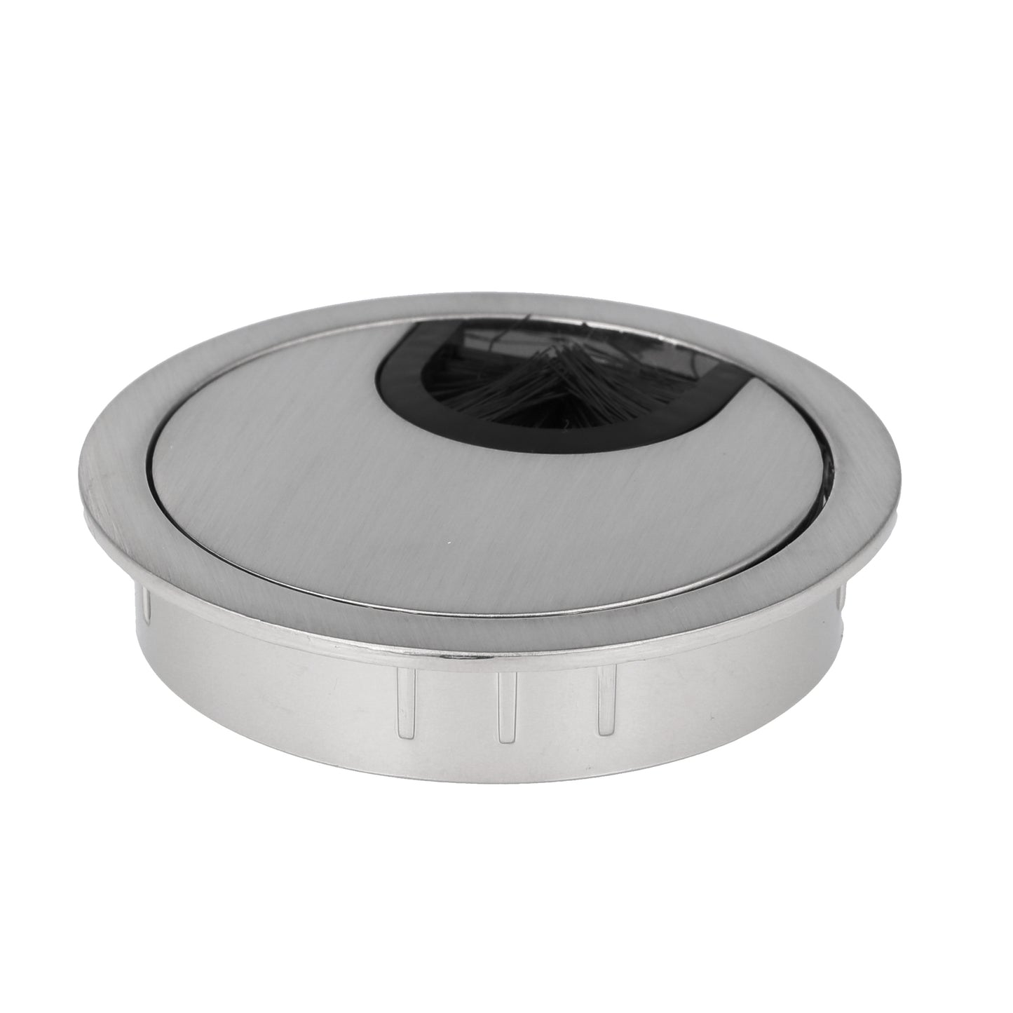 High-quality Zamak cable grommet, Ø 60 mm for desks with brush seal, surface: stainless steel look. Desk cable management cable grommet from SISO / Denmark