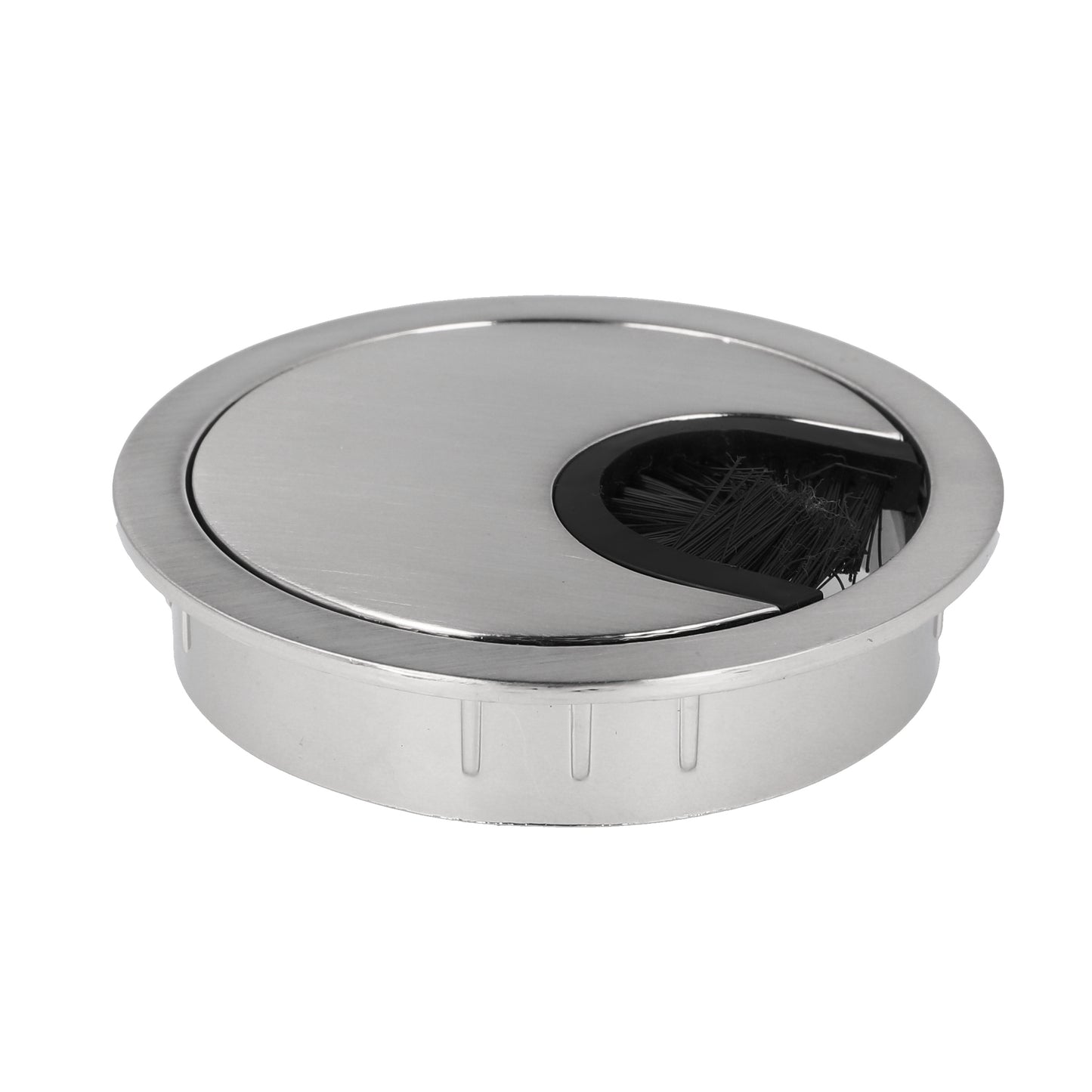 High-quality Zamak cable grommet, Ø 60 mm for desks with brush seal, surface: stainless steel look. Desk cable management cable grommet from SISO / Denmark