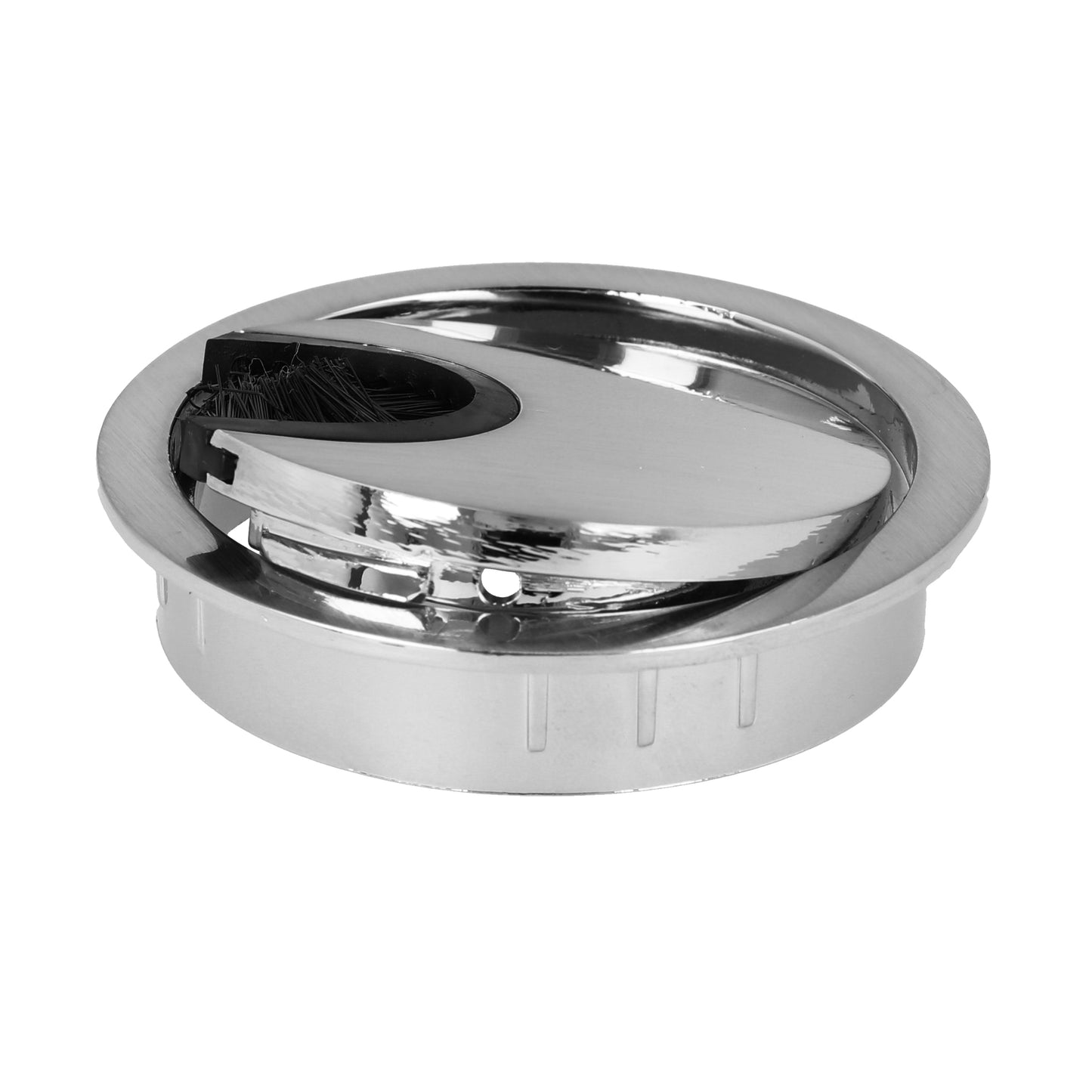 High-quality Zamak cable grommet, Ø 60 mm for desks with brush seal, surface: stainless steel look. Desk cable management cable grommet from SISO / Denmark