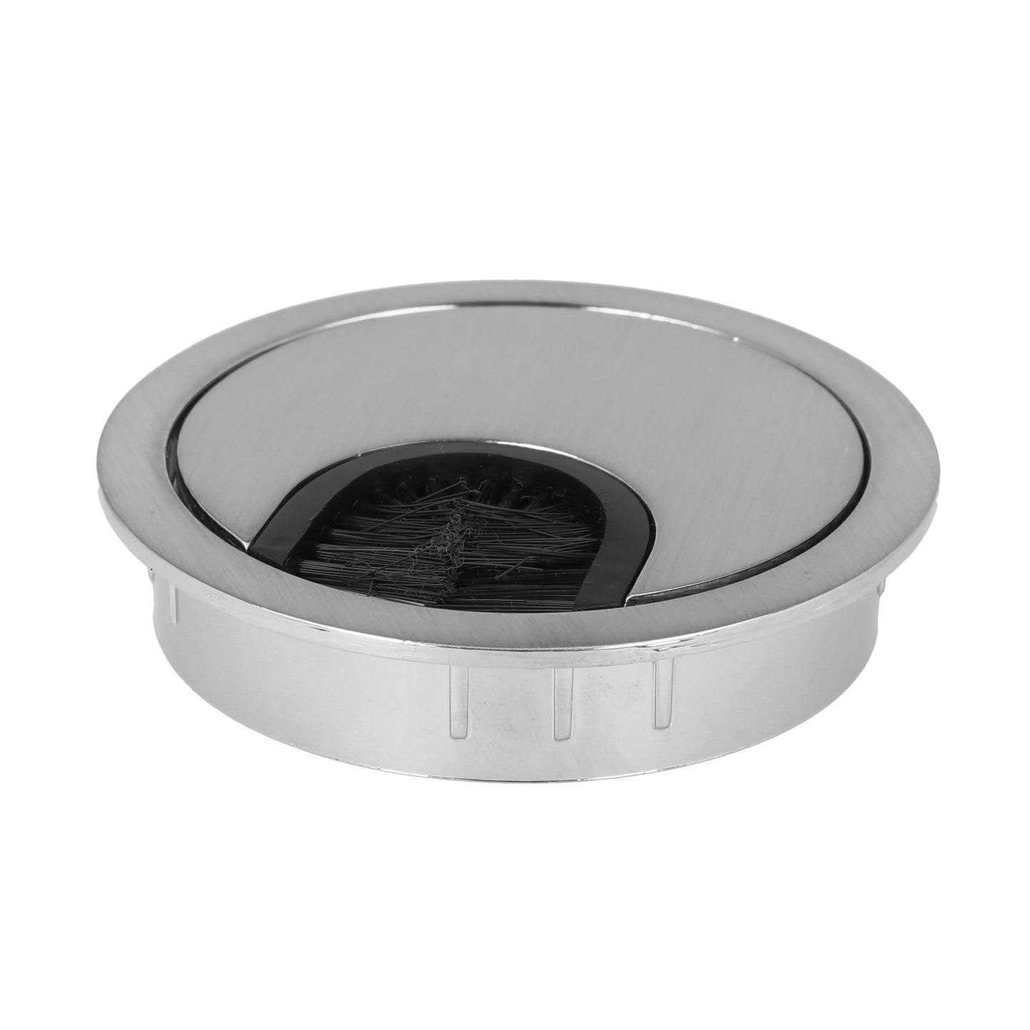 High-quality Zamak cable grommet, Ø 60 mm for desks with brush seal, surface: stainless steel look. Desk cable management cable grommet from SISO / Denmark