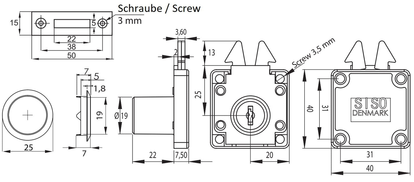 High-quality screw-on roller shutter lock, surface: nickel-plated, design: keyed alike, 14.01.460-5 for roller shutters, sliding furniture doors