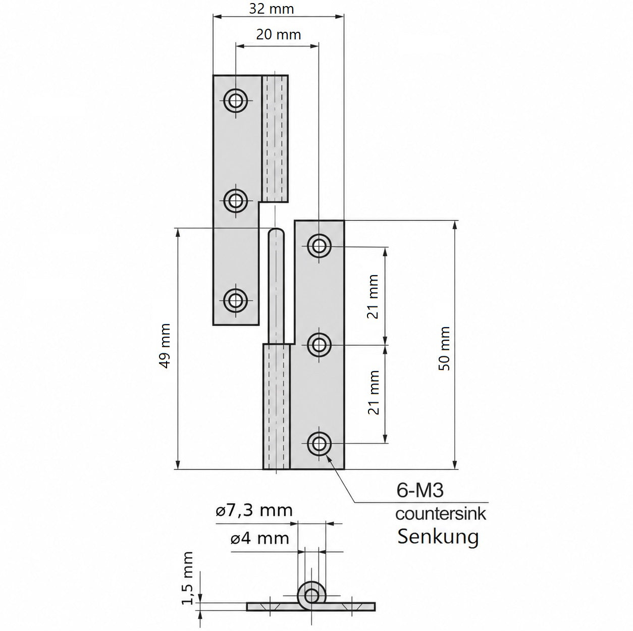 2 pieces of high-quality lift-off hinges, made of SUS304 stainless steel, load capacity: 7 kg, height: 50 mm (1-31/32″), left, B-1004-3-L for doors, access panels