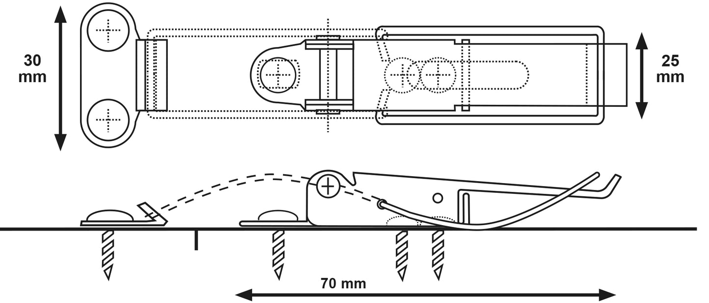 4 adjustable SUS304 (V2A) extendable table clamps, with two position locks, 70 mm (2.8") 24.03.000-1. Catch #22 clamp made of SUS304 (V2A), glossy polished, for extendable tables, boxes, instrument cases, and worktops, from SISO Denmark