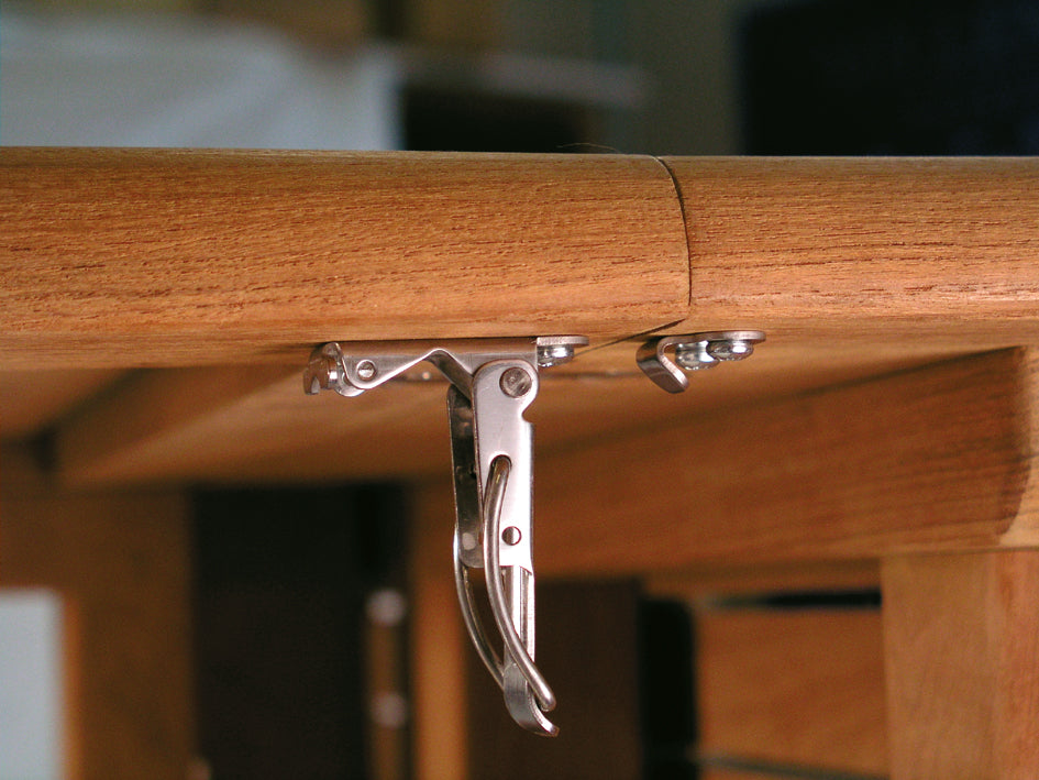 4 adjustable SUS304 (V2A) extendable table clamps, with two position locks, 70 mm (2.8") 24.03.000-1. Catch #22 clamp made of SUS304 (V2A), glossy polished, for extendable tables, boxes, instrument cases, and worktops, from SISO Denmark