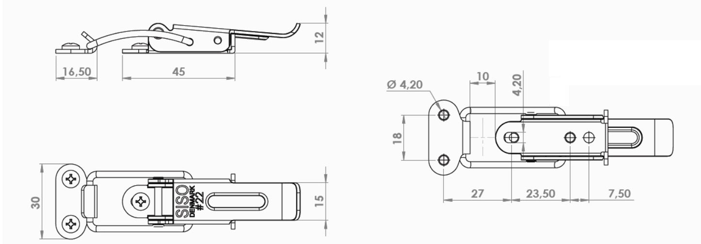 4 adjustable SUS304 (V2A) extendable table clamps, with two position locks, 70 mm (2.8") 24.03.000-1. Catch #22 clamp made of SUS304 (V2A), glossy polished, for extendable tables, boxes, instrument cases, and worktops, from SISO Denmark