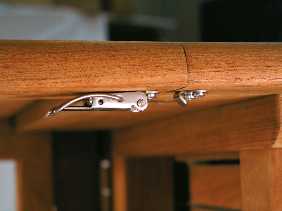 4 adjustable SUS304 (V2A) extendable table clamps, with two position locks, 70 mm (2.8") 24.03.000-1. Catch #22 clamp made of SUS304 (V2A), glossy polished, for extendable tables, boxes, instrument cases, and worktops, from SISO Denmark