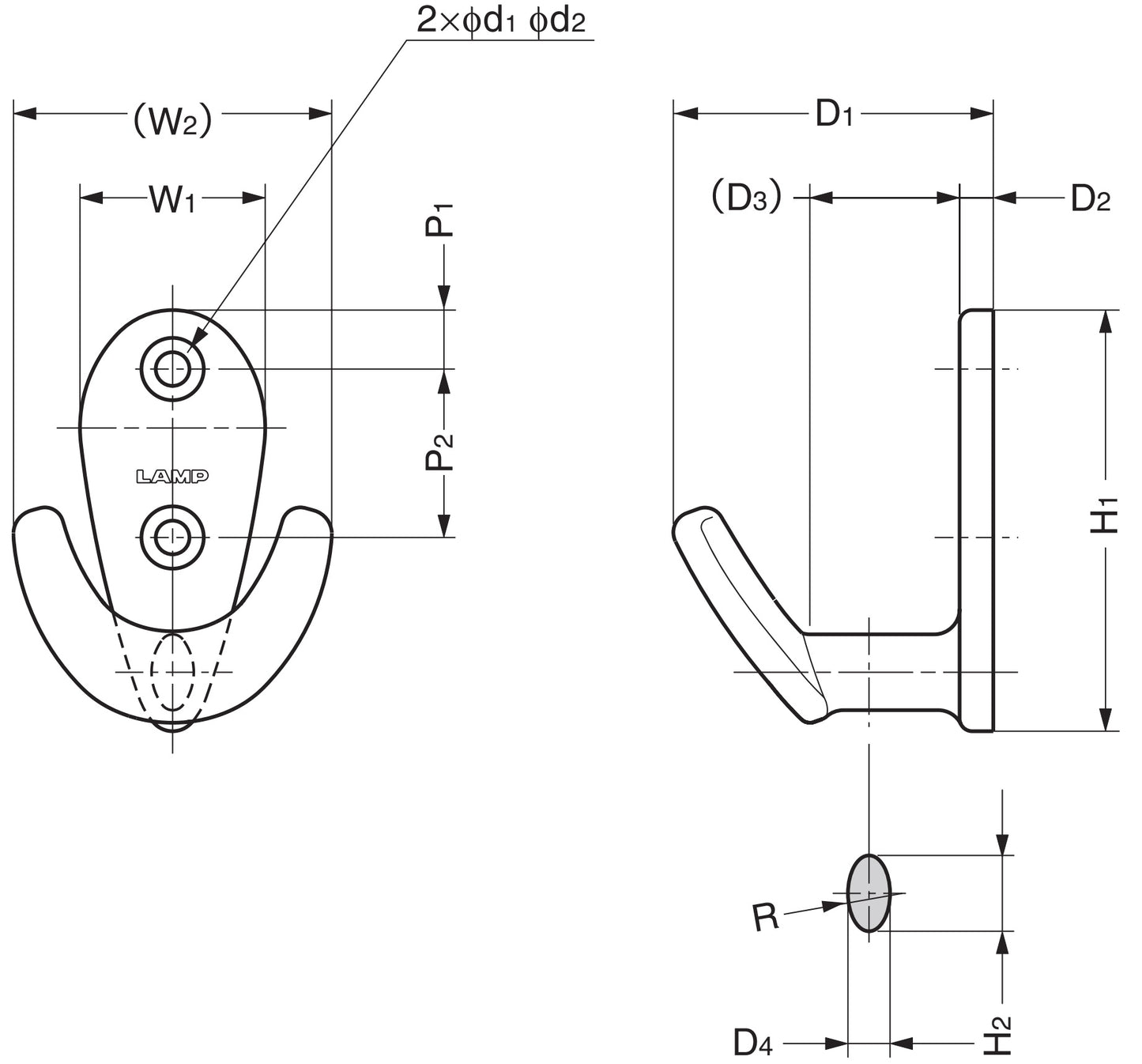 Hochwertiger Doppelhaken, aus hochqualitativem rostfreiem Edelstahl SUS316, Oberfläche: glänzend poliert, 50 mm (2″), EU-50. Wanddoppelhaken für Garderobe, Badezimmer, Außenbereich, Schwimmbad und viel mehr, von Sugatsune / LAMP® (Japan)