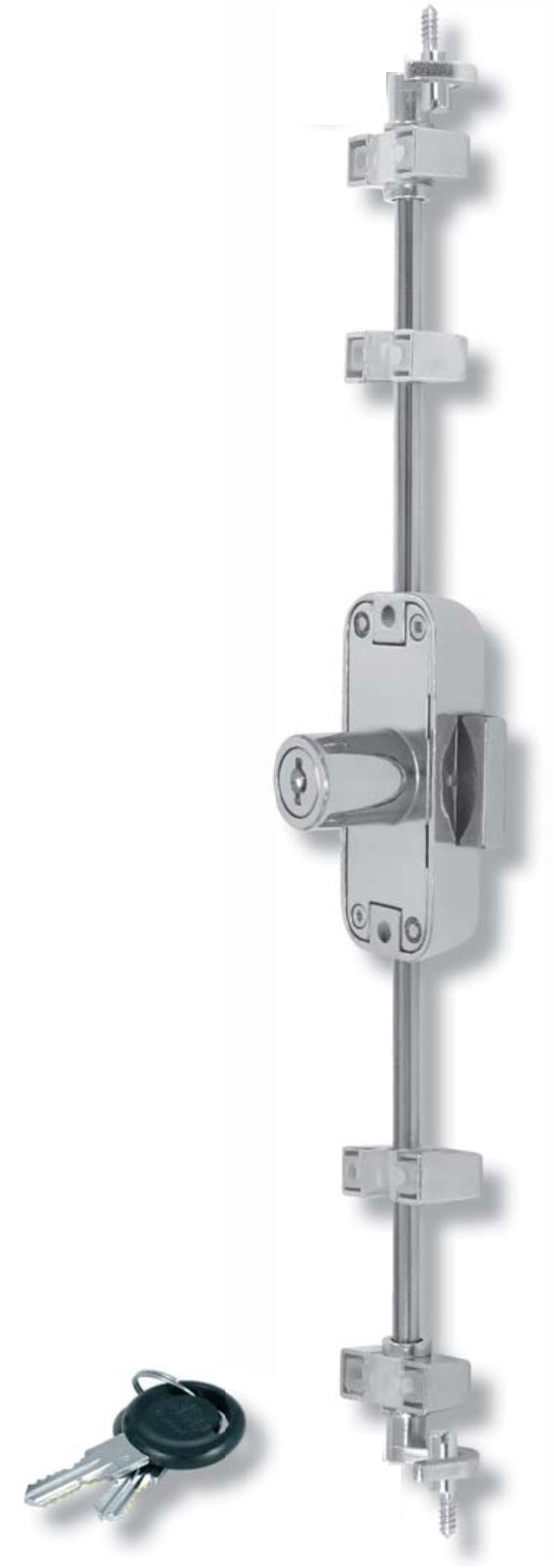 Surface-mounted espagnolette lock, keyed alike, right-hand locking, 16.5 mm (0.7"). Nickel-plated zamac espagnolette lock for furniture, cabinets, wardrobes, and office cabinets. Set for one cabinet door, by SISO Denmark