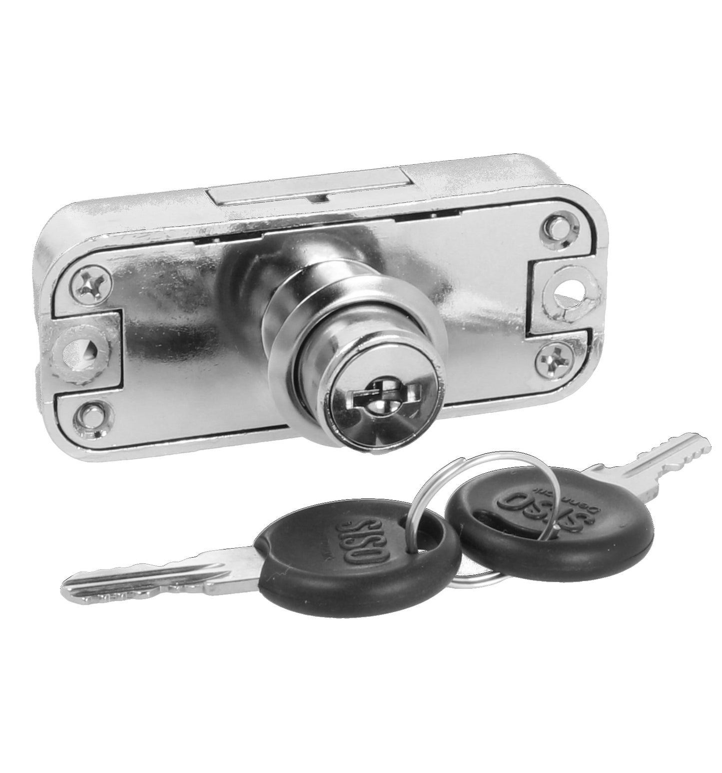 Surface-mounted espagnolette lock, keyed alike, right-hand locking, 16.5 mm (0.7"). Nickel-plated zamac espagnolette lock for furniture, cabinets, wardrobes, and office cabinets. Set for one cabinet door, by SISO Denmark