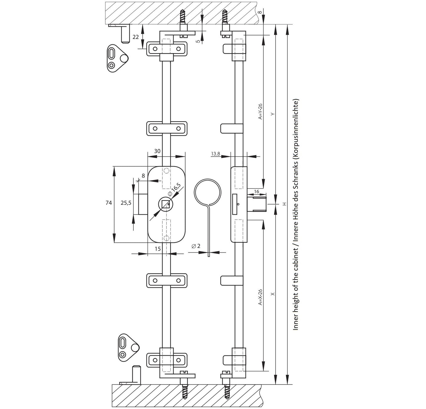 Espagnolette lock, keyed to different positions, right-hand closing, nickel-plated finish, right-hand version, 14.05.235 (14.05.235-0). Espagnolette lock for padlocks, for furniture, cabinets, office cabinets, and much more, from SISO Denmark