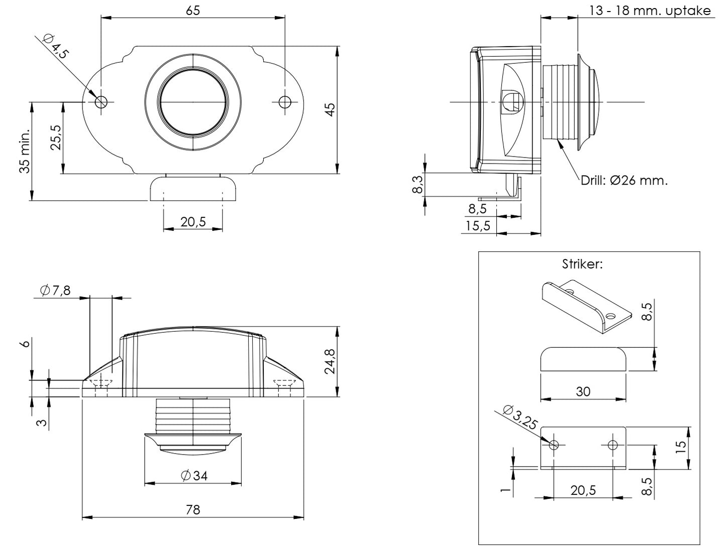 Fermeture à bouton-poussoir robuste avec fonction poignée, en ABS, surface : chromée, design : rond, 14.03.047-0. Bouton poussoir compact pour caravanes, yachts, bateaux, portes de placard, tiroirs et bien plus encore, de SISO Danemark