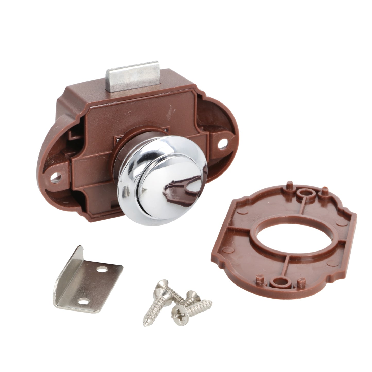 Fermeture à bouton-poussoir robuste avec fonction poignée, en ABS, surface : chromée, design : rond, 14.03.047-0. Bouton poussoir compact pour caravanes, yachts, bateaux, portes de placard, tiroirs et bien plus encore, de SISO Danemark