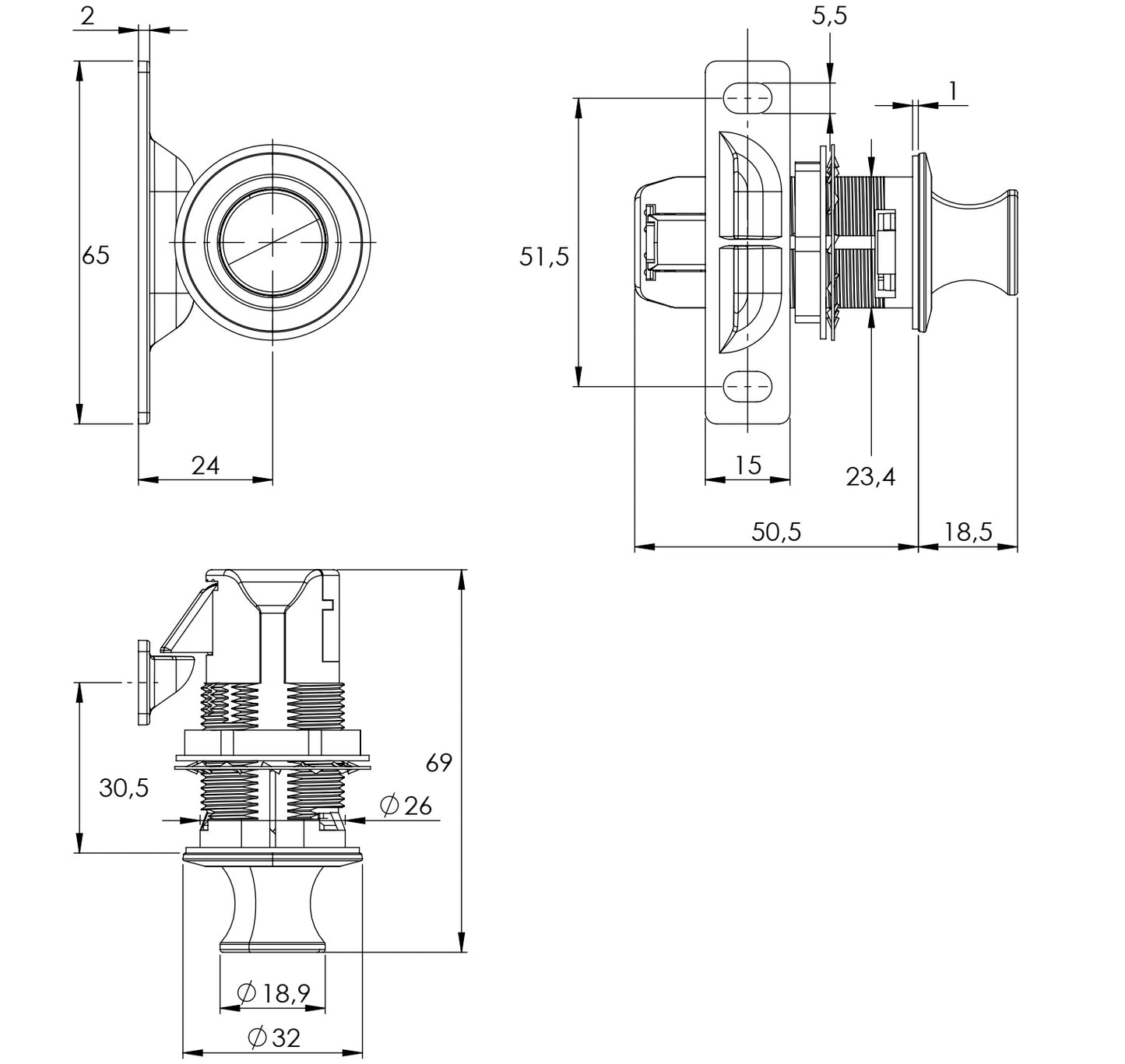 Hochwertiger Druckknopf-Verschluss mit Grifffunktion und Fallenschloss Funktion, aus Zamak, Oberfläche: verchromt, Ausführung: rund, 14.03.060-0. Massiver Druckknopf für Wohnwagen, Yacht, Caravan und viel mehr, von SISO Denmark