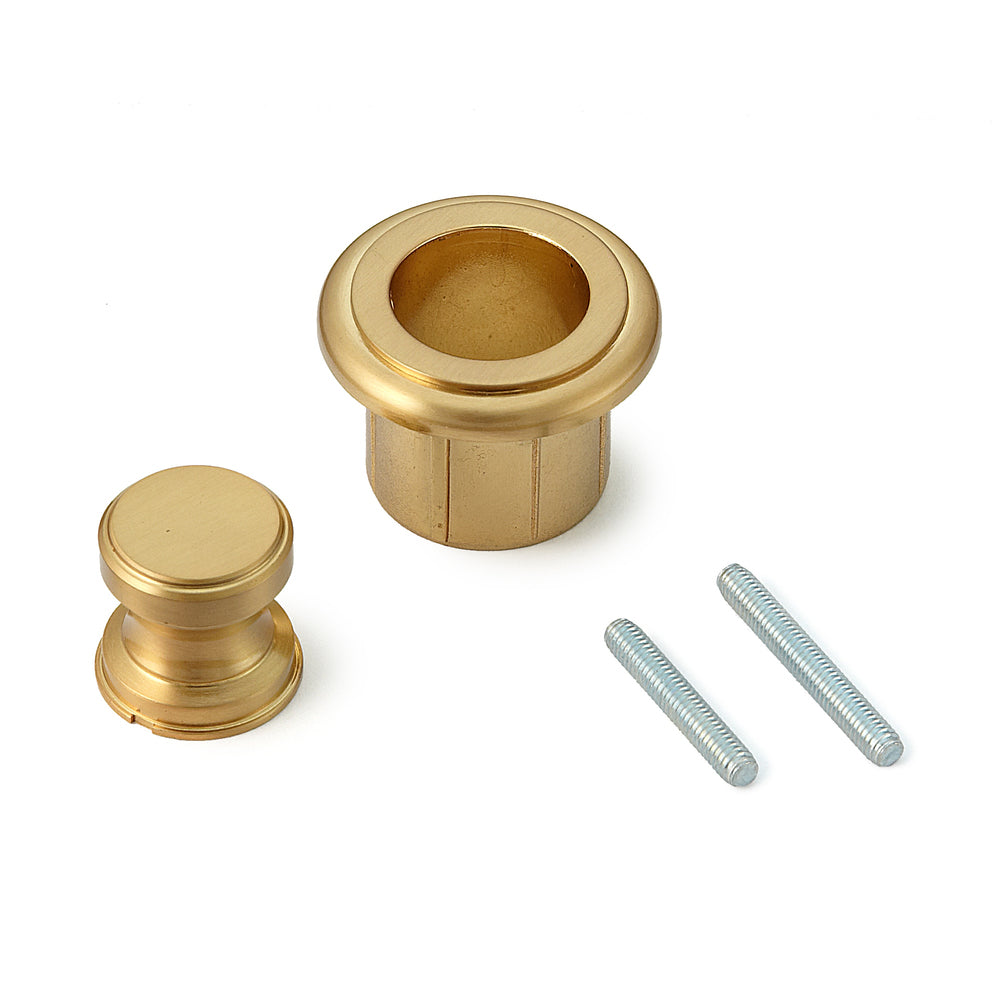 Hochwertiger Druckknopf-Verschluss mit Grifffunktion, aus Messing, Oberfläche: goldfarbig, satiniert matt, Ausführung: rund, TLP-SG und TLP-LBM(W). Massiver Druckknopf für Wohnwagen, Yacht und viel mehr, von Sugatsune / LAMP® (Japan)