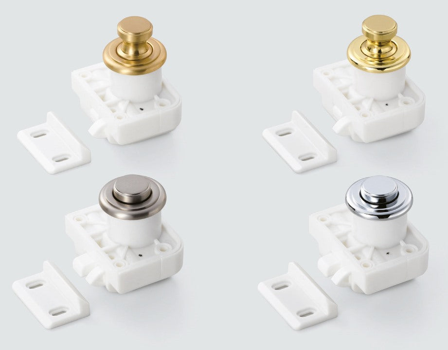 Hochwertiger Druckknopf-Verschluss mit Grifffunktion, aus Messing, Oberfläche: goldfarbig, satiniert matt, Ausführung: rund, TLP-SG und TLP-LBM(W). Massiver Druckknopf für Wohnwagen, Yacht und viel mehr, von Sugatsune / LAMP® (Japan)