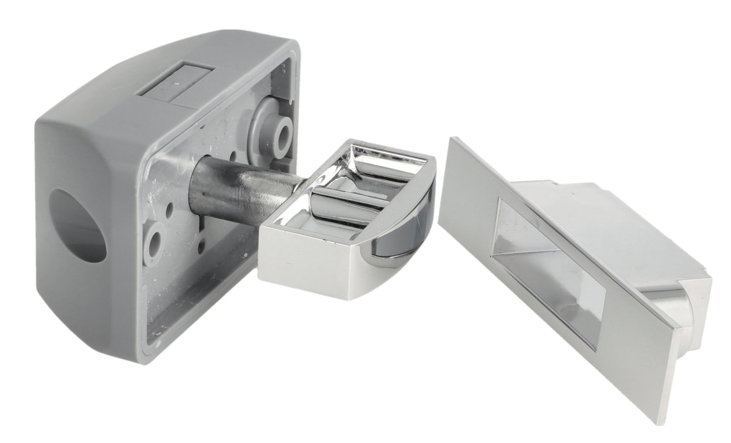 Hochwertiger Druckknopf-Verschluss mit Soft-Close und Grifffunktion, aus Zamak, Oberfläche: verchromt, Ausführung: rechteckig, 14.03.042-0. Massiver Druckknopf für Wohnwagen, Yacht, Privatflugzeug und viel mehr, von SISO Denmark