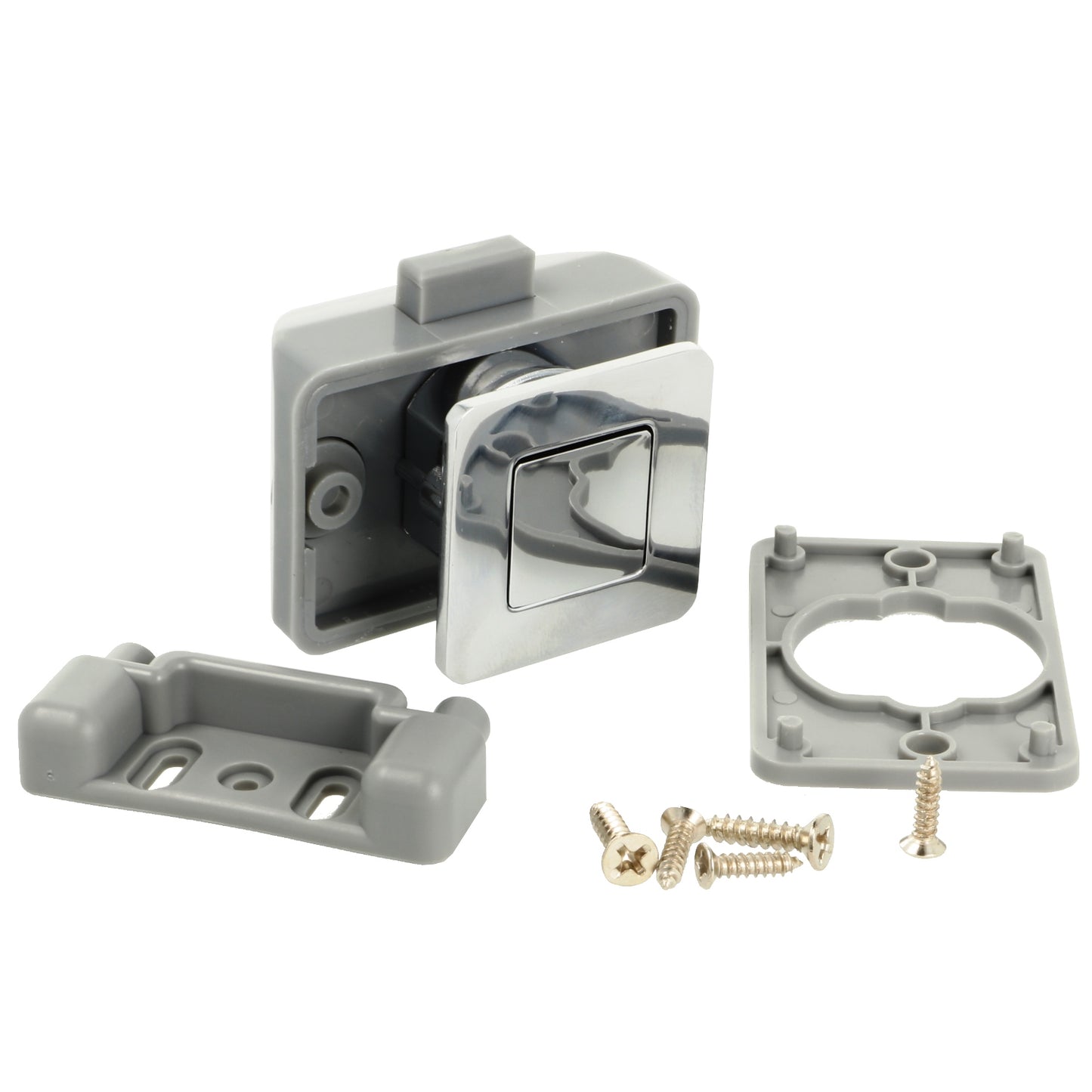 Bouton-pression de haute qualité avec fonction soft-close et poignée, en Zamak, surface : nickelée, design : carré, 14.03.065-0. Bouton poussoir solide pour caravanes, yachts, avions privés et bien plus encore, de SISO Danemark