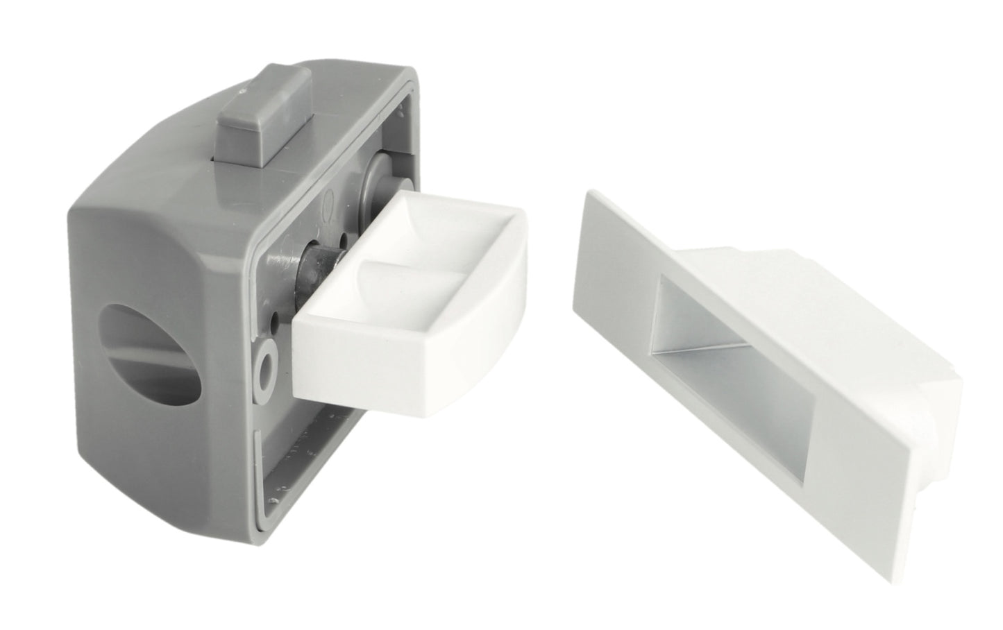 Hochwertiger Druckknopf-Verschluss mit Soft-Close und Grifffunktion, aus Zamak, Oberfläche: weiß, Ausführung: rechteckig, 14.03.045-0. Massiver Druckknopf für Wohnwagen, Yacht und viel mehr, von SISO Denmark