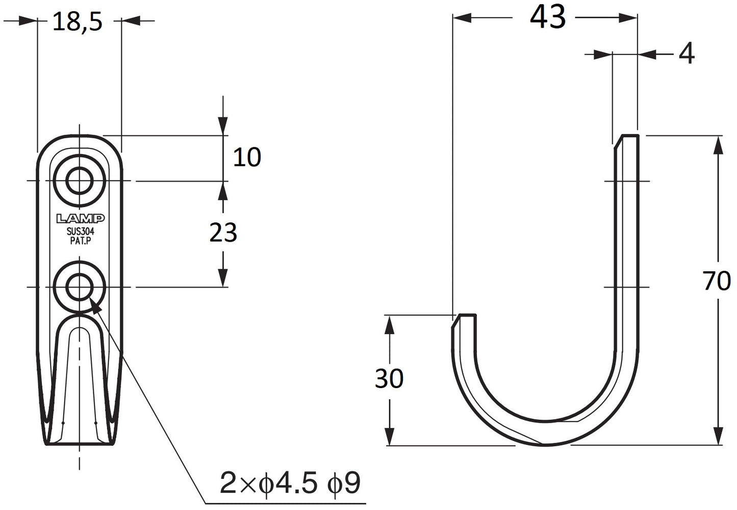 High-quality stainless steel hook, made of solid stainless steel, load capacity: 8 kg, surface: glossy polished, 70 mm (2.8"), XL-HJT70M. Stainless steel wall hook for coat racks, bathrooms, outdoor areas, and much more, by Sugatsune / LAMP® (Japan)