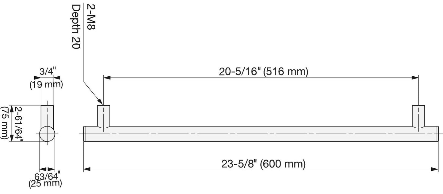 SUS304 stainless steel door handle, 600 mm (23.7") SSH-2560. Solid stainless steel door handle made of V2A stainless steel, satin finish, for interior doors, production machines, trains, buses, and special vehicles, from Sugatsune / LAMP® (Japan)