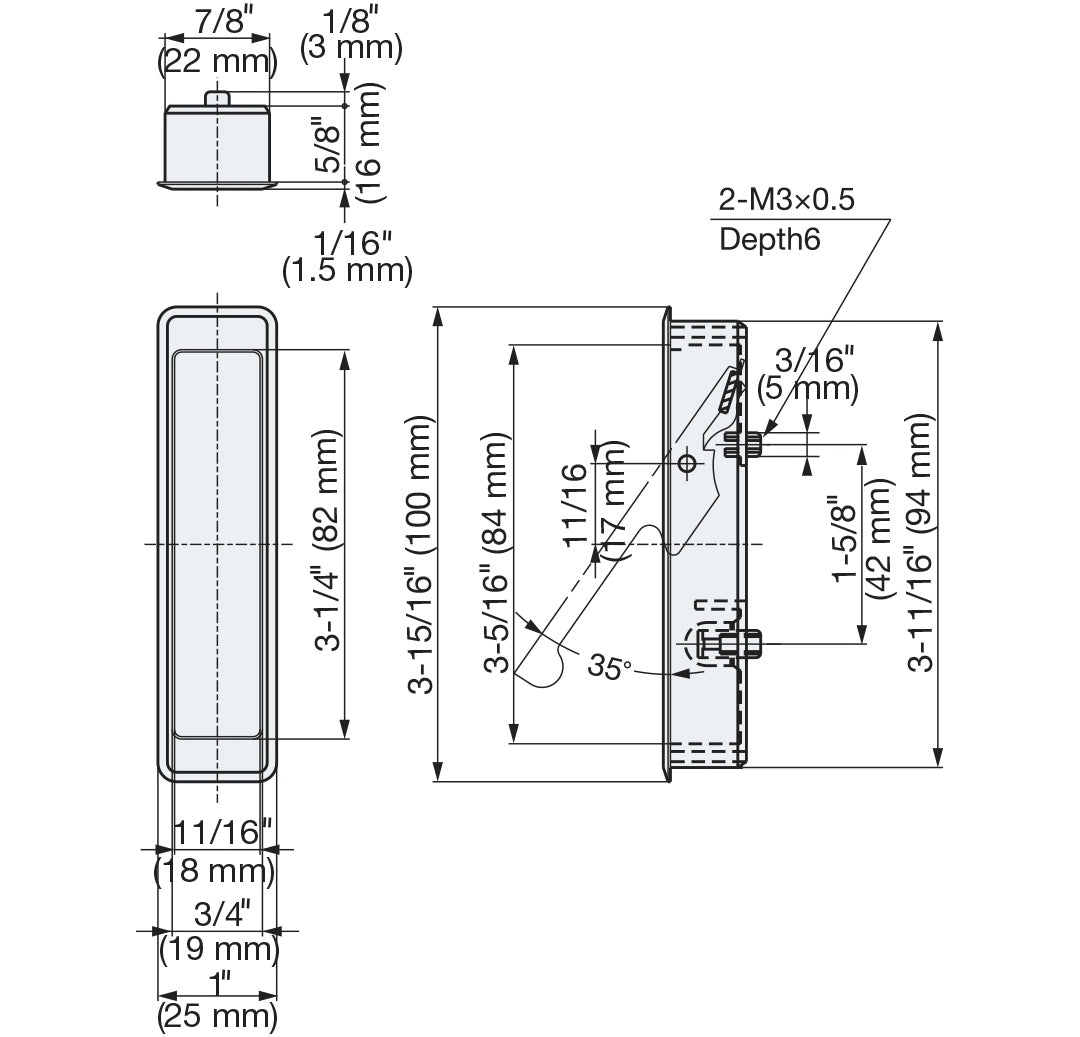 Zinc alloy recessed pull handle, finish: nickel-plated, satin matte, 100 mm (4") FH-100AK-00. Recessed pull handle FH-100AK-00 for office furniture, home furniture, and kitchen cabinets, by Sugatsune / LAMP® (Japan)
