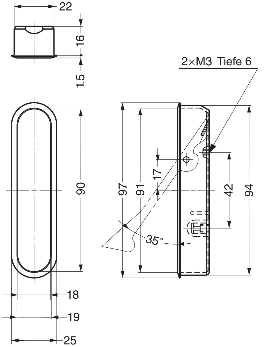 Zinc alloy recessed pull handle, finish: nickel-plated, satin matte, 97 mm (3.9") FH-100AM-00. Recessed pull handle FH-100AM-00 for office furniture, home furniture, and kitchen cabinets, by Sugatsune / LAMP® (Japan)