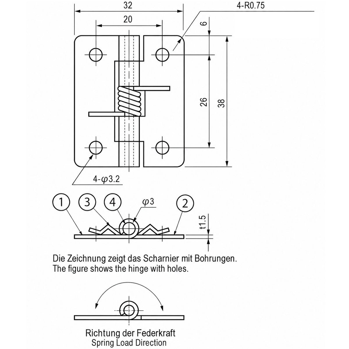 2 pieces high-quality spring hinge, made of SUS304 stainless steel, 32 mm (1-17/64″), TH-61SUS-2 for equipment flaps, cabinet doors, covers