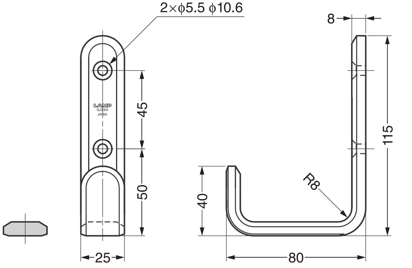 Hochwertiger großer Universalhaken, rechteckig, aus rostfreiem Edelstahl, Oberfläche: glänzend poliert, 115 mm (4,6″), XL-SF-115-M. Handtuchhaken aus V2A für feuchte Umgebung, Schiffbau, Außenbereich und viel mehr, von Sugatsune / LAMP® (Japan)