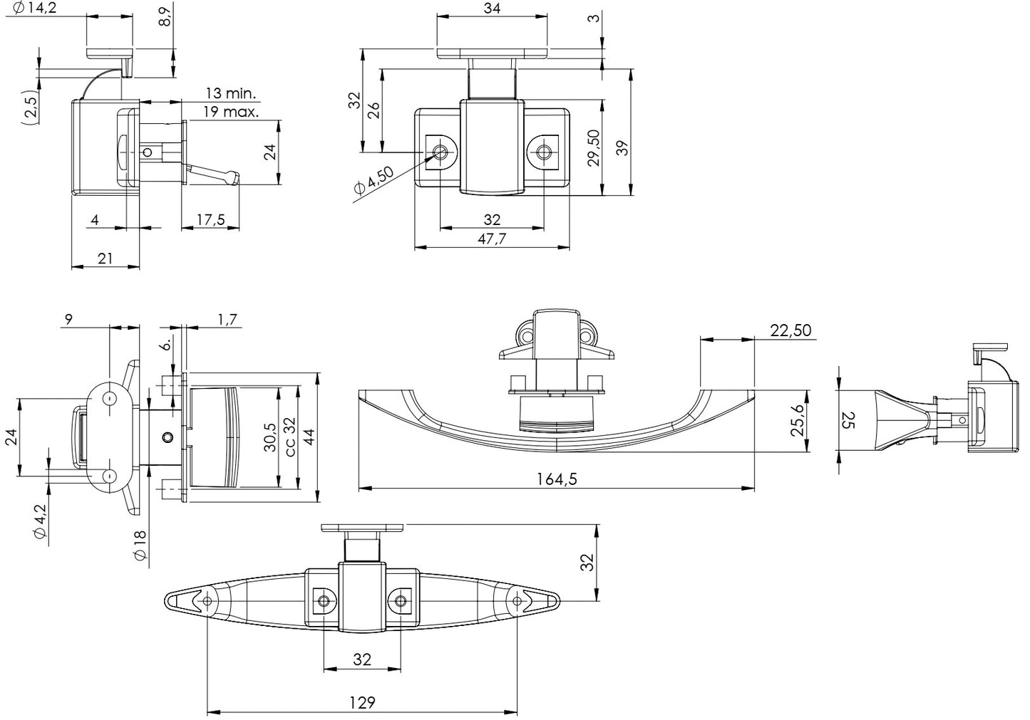 Hochwertiges Hebelgriffschloss, aus Zamak, Oberfläche: verchromt, 14.03.080-0+14.03.080-5 für Yacht, Wohnwagen, Privatjet, Caravan