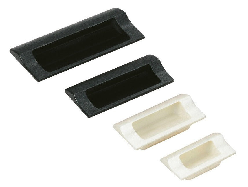 High-quality rectangular recessed pull made of robust plastic, finish: black, 70 mm (2.8") HH-JS70-BL. Furniture handle HH-JS70-BL for sheet metal, wood, drawers, cabinets, office furniture, and bedroom furniture, from Sugatsune / LAMP® (Japan)