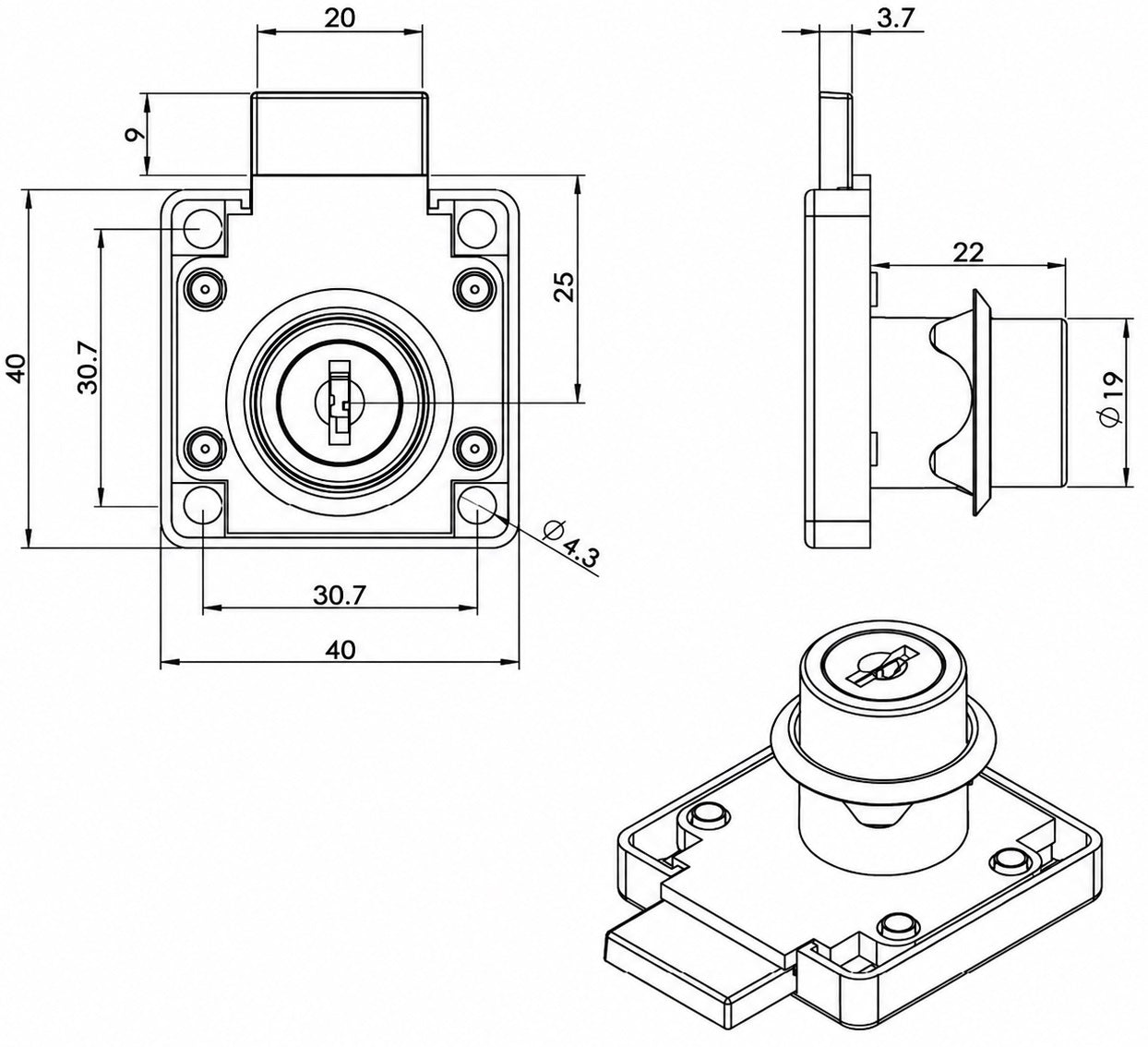 High-quality box lock, black, diameter: ⌀19 mm, left-closing, 14.01.062-5 for cabinet doors, furniture doors, office cabinets, filing cabinets