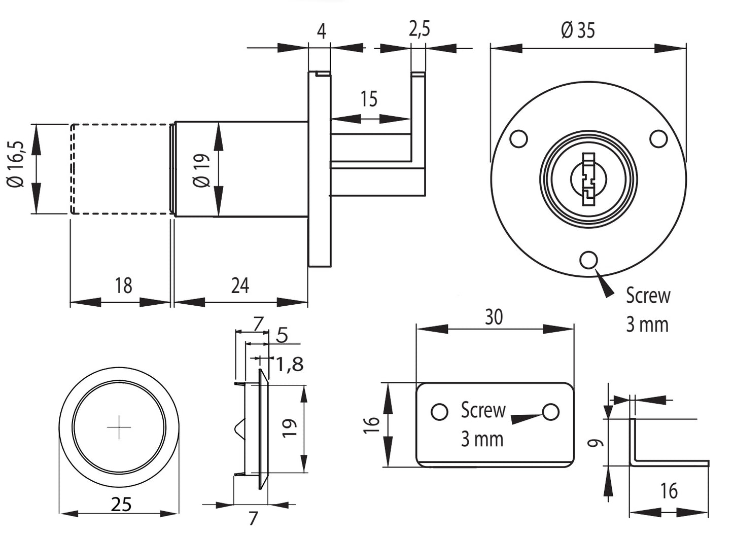 High-quality flap lock, made of Zamak, version: without master key system, 14.03.005-0 for flaps, sliding doors, cabinets