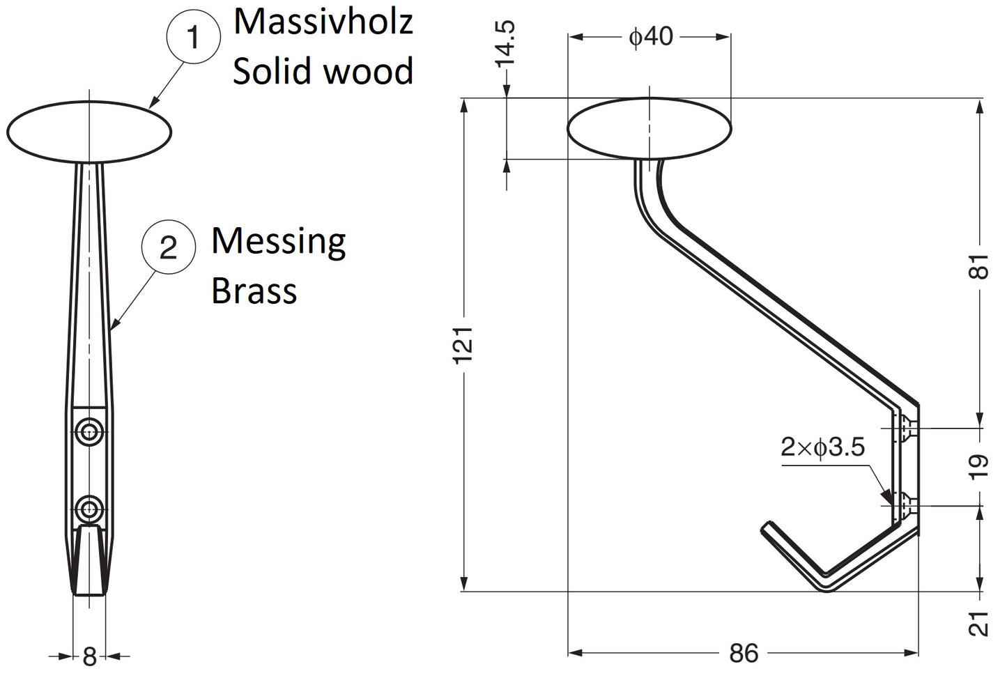 Hochwertiger klassischer Garderobenhaken für Wandmontage, mit Hakenspitze aus Massivholz, Tragkraft: 10 kg, 70 mm (2,8″), SW-B-90. Kleiderhaken für Garderobe, Eingangsbereich, Wohnzimmer und viel mehr, von Sugatsune / LAMP® (Japan)