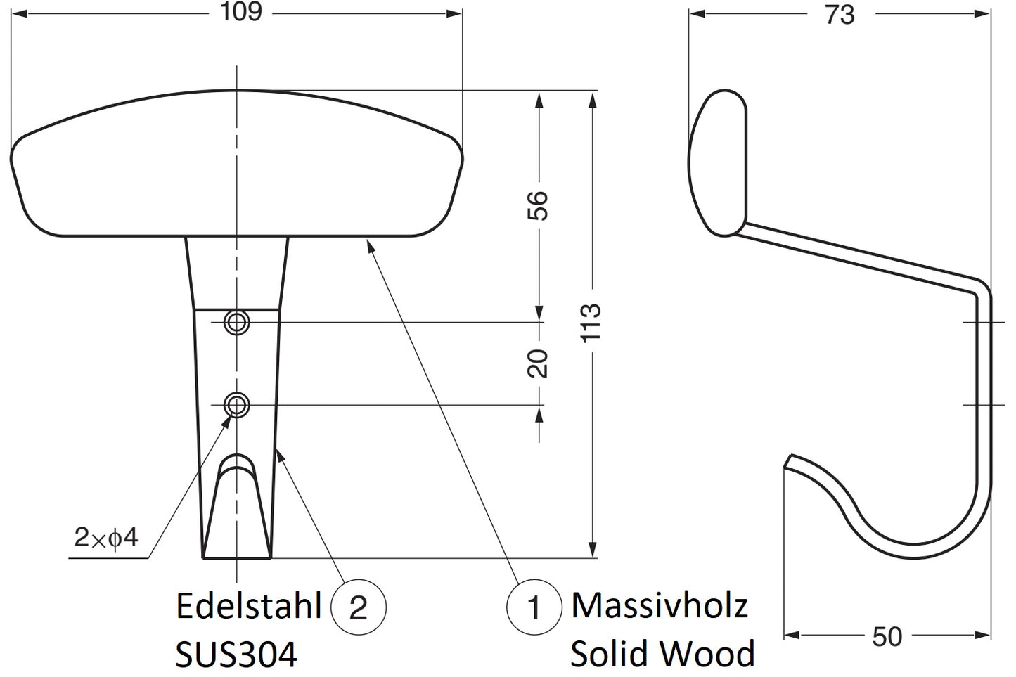 Hochwertiger Kleiderhaken mit Hakenspitze aus Massivholz, für Wandmontage, aus massivem rostfreiem Edelstahl, Tragkraft: 10 kg, SW-B-180. Massivholzhaken für Garderobe, Eingangsbereich, Wohnzimmer und viel mehr, von Sugatsune / LAMP® (Japan)