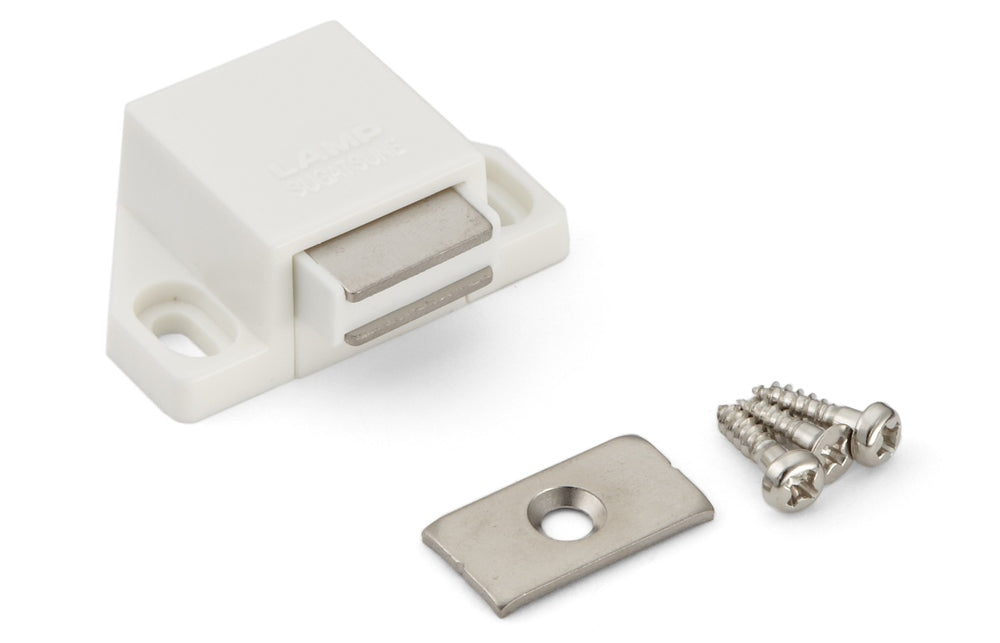 2 compact magnetic push-to-close catches, including counterplate, surface: white, 25 mm (63/64″), ML-30SW for furniture doors, cabinet doors