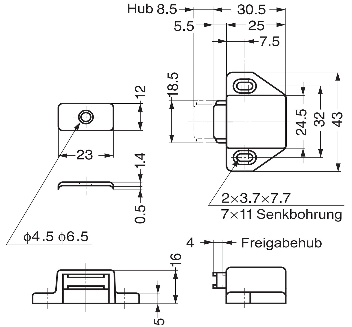 2 compact magnetic push-to-close catches, including counterplate, surface: white, 25 mm (63/64″), ML-30SW for furniture doors, cabinet doors