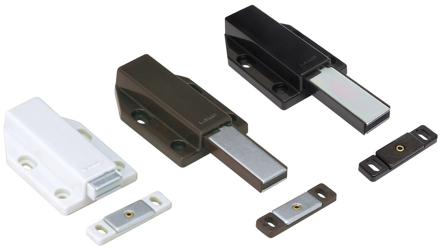 2 pieces magnetic push-to-closet catches, including counterplate, surface: white, 70 mm (2-3/4″), with long plunger, ML-120W for furniture doors, cabinet doors