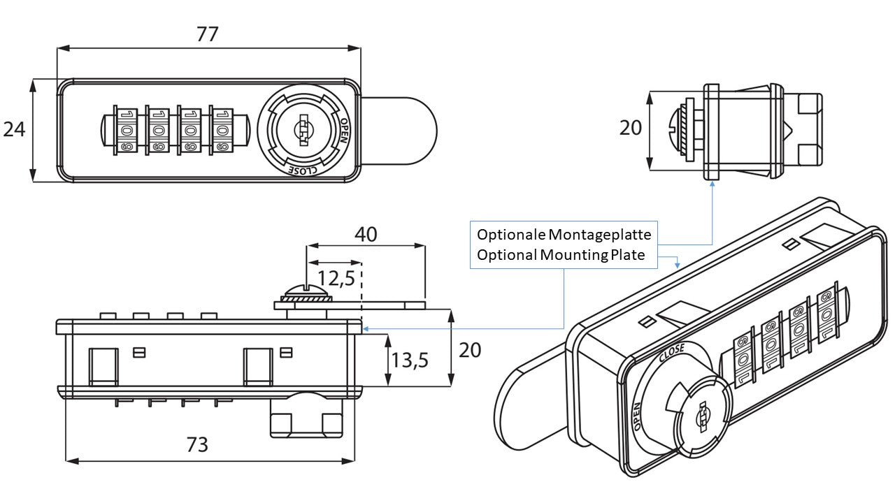 Serrure à combinaison pour meubles en métal et plastique avec fonction poignée, GAUCHE, 77 mm (3,1″) 14.08.241. Serrure à combinaison robuste en métal et plastique, noir mat, pour armoires en bois, armoires en acier, tiroirs et casiers, de SISO Danemark
